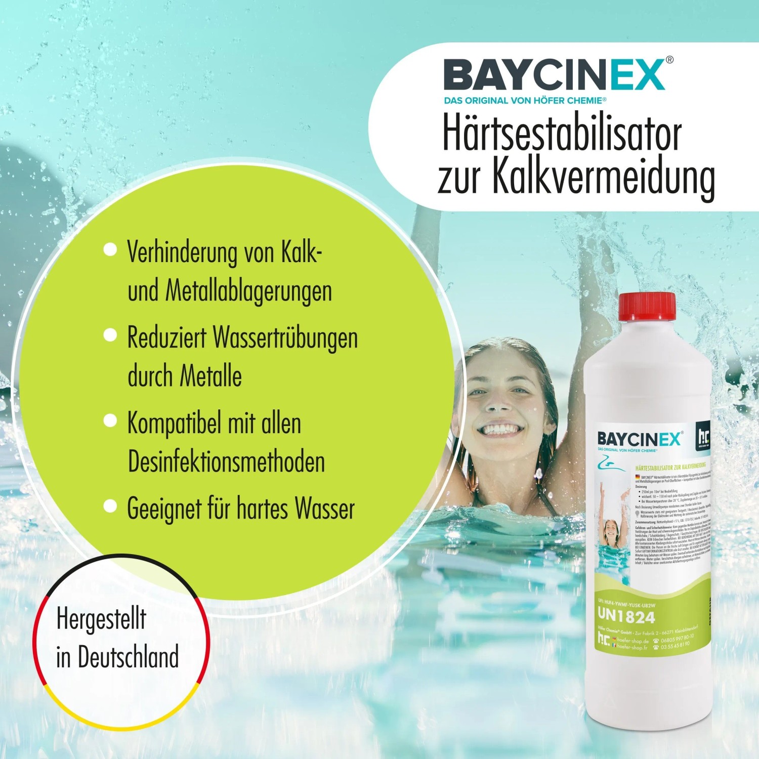 Baycinex Härtestabilisator 1l: Flüssigmittel zur Kalkvermeidung im Pool.