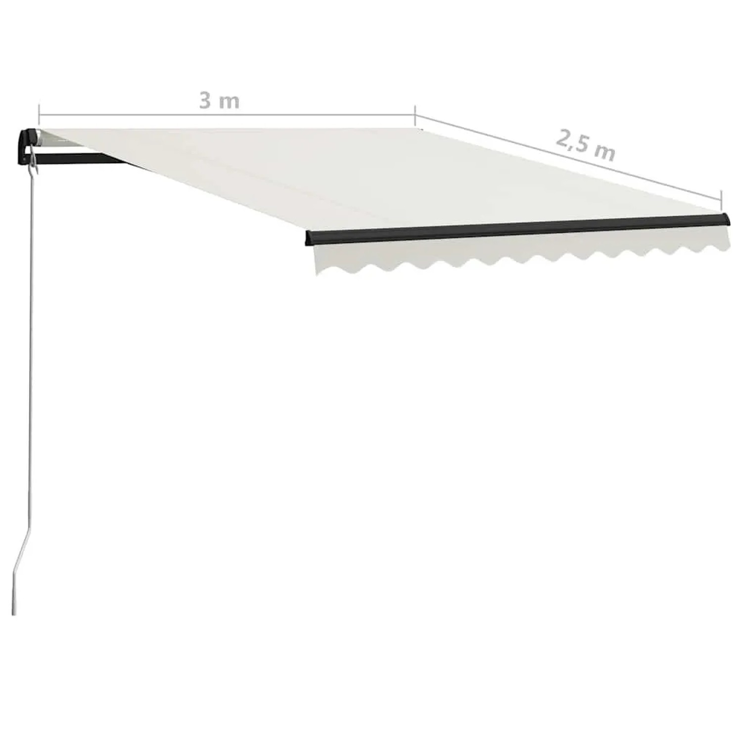 Cremefarbene, manuell ausfahrbare Markise 300x250 cm mit grauem Rahmen und Handkurbel.