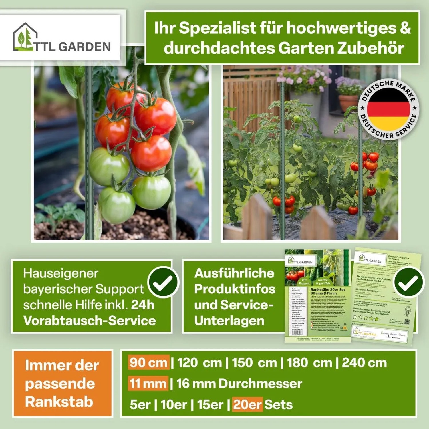 TTL GARDEN Rankstäbe 90cm 20er Set 11mm Kunststoffbeschichtet Pflanzstäbe Rankhilfe Tomatenstab Für Garten Gewächshaus_8