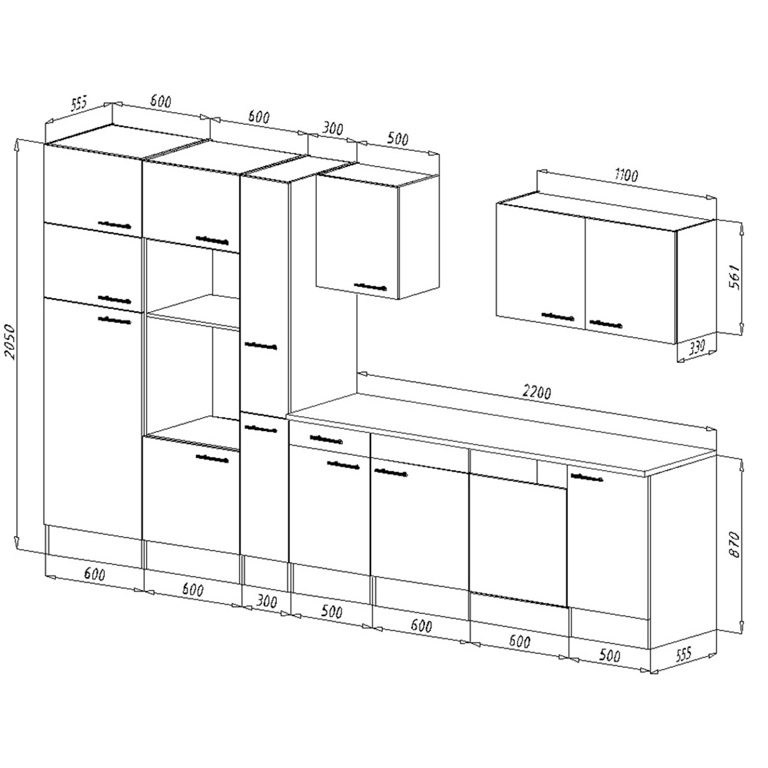 Respekta Küchenzeile KB370EYWMIGKE, 370 cm, Weiß/Eiche York Dekor, mit Maßen der einzelnen Elemente.