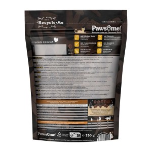 Pawsome Katzen-Trockenfutter Huhn, 750g Packung mit Infos zu Zutaten und Fütterungsempfehlung.