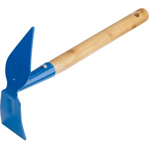 Hand-Unkrauthacke mit blauem Stahlblatt und Holzstiel für die Gartenarbeit.