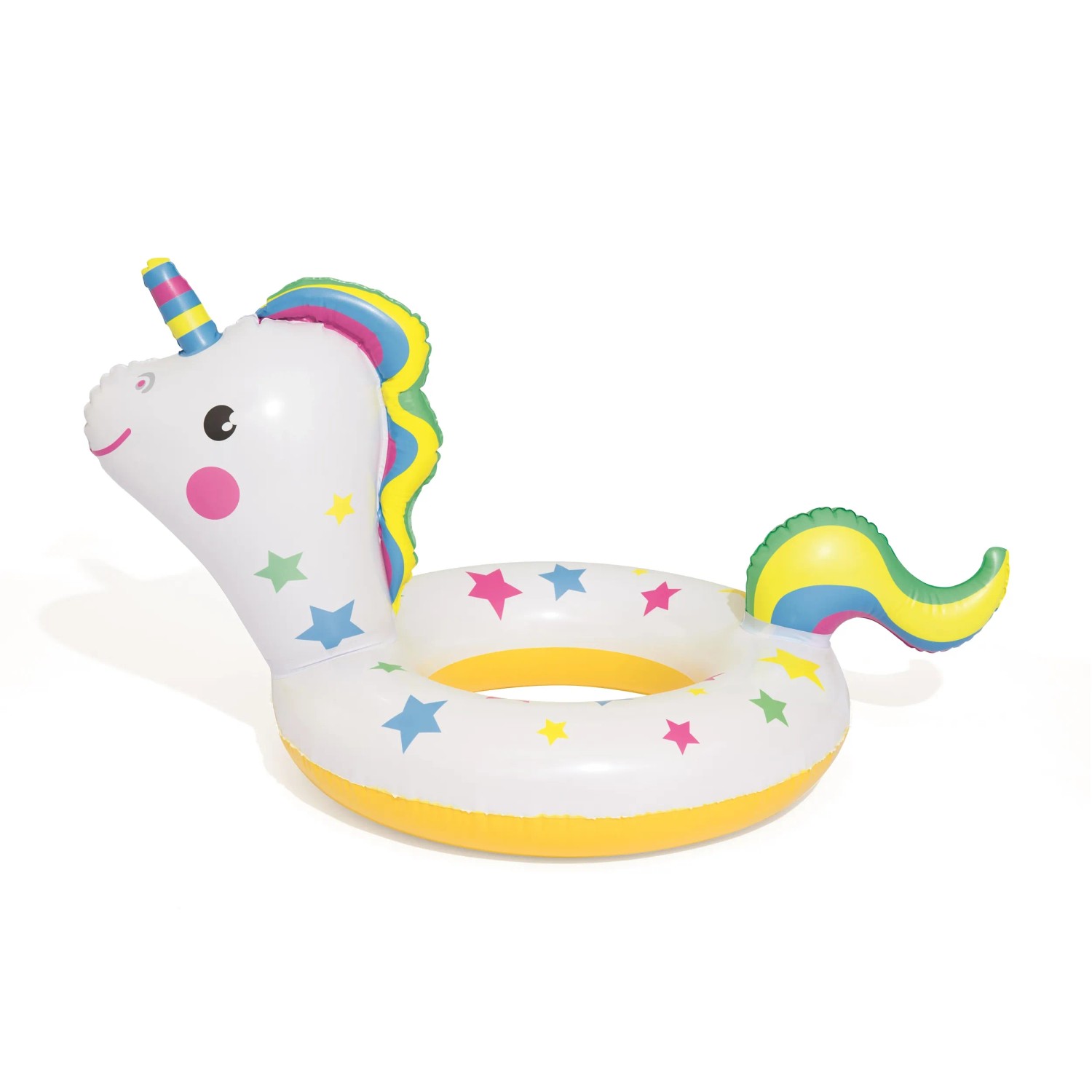 Bestway Schwimmring im Tierdesign: Einhorn mit bunten Sternen und gelbem Rand.