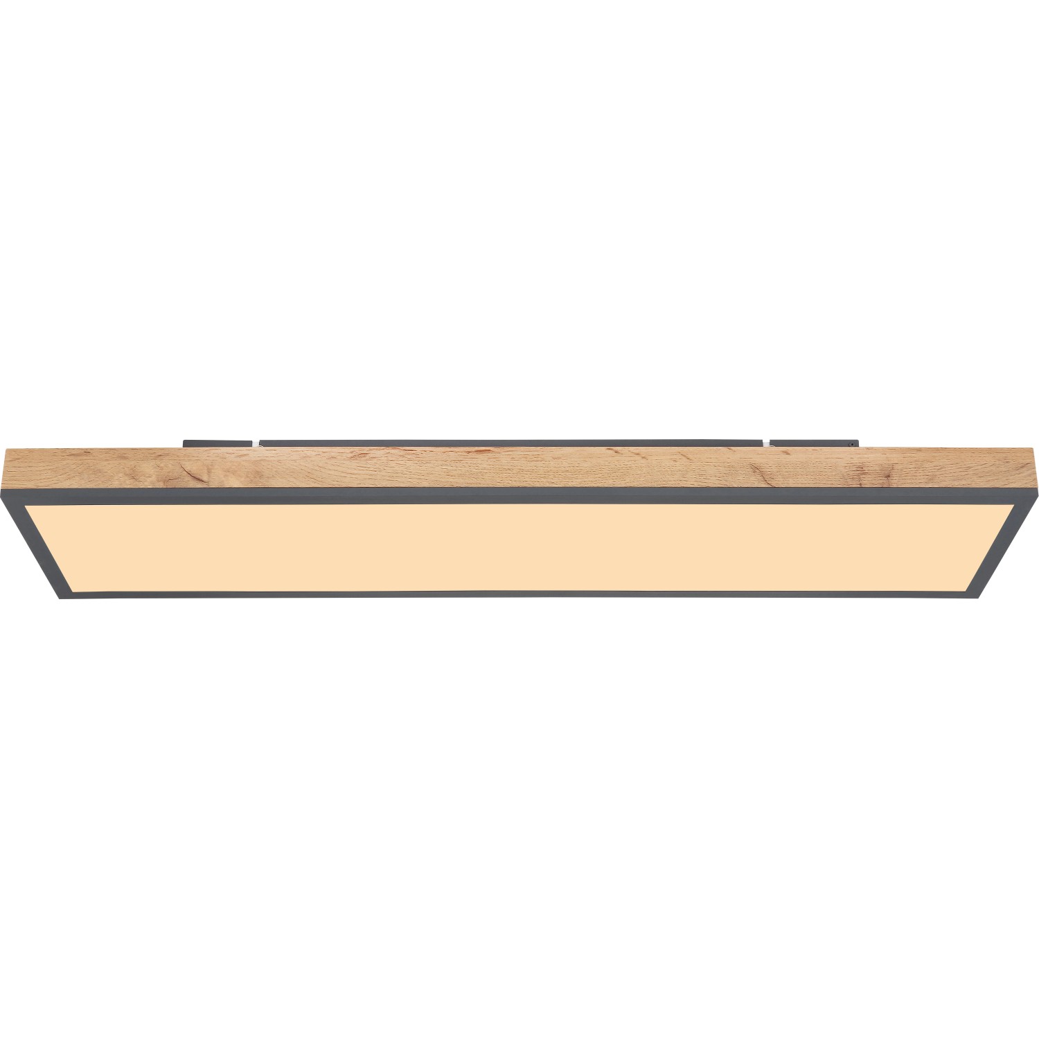 Rechteckige LED Deckenleuchte Doro (80 cm) mit Rahmen in Eichenoptik für warmweißes Licht.