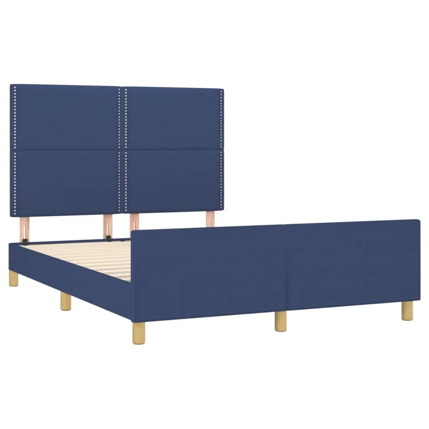 Blaues vidaXL Bettgestell (140x200 cm) mit Stoffbezug und Kopfteil.