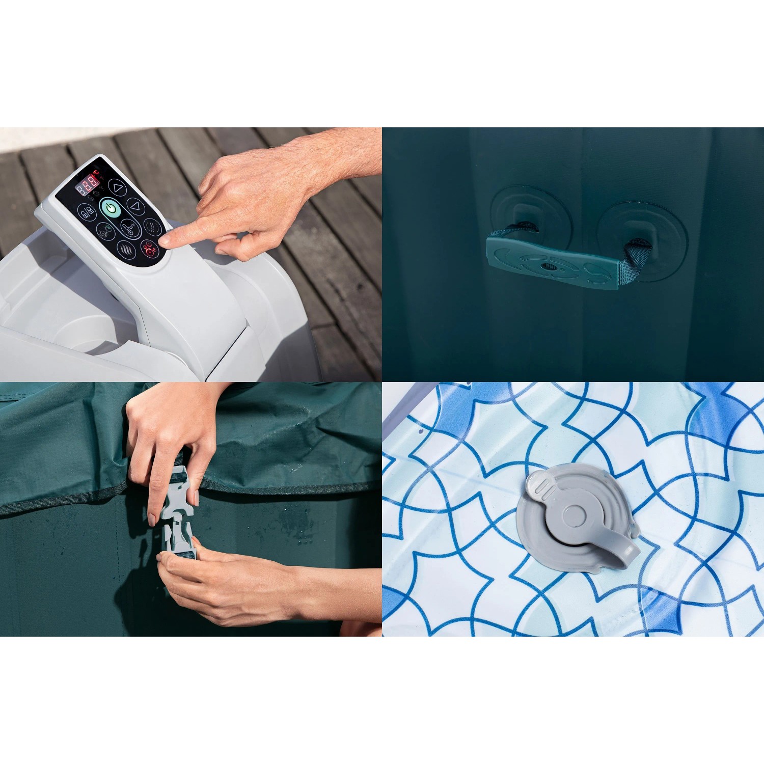 Bestway LAY-Z-SPA Ibiza AirJet Details: Steuerung, Tragegriff, Abdeckung, Boden des Whirlpools.