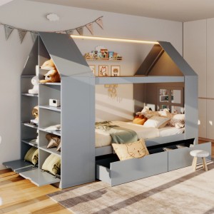 Graues Merax Kinder Hausbett 90x200 cm mit LED-Beleuchtung, Stauraum, Schubladen und Regal. Ideal für jedes Kinderzimmer.
