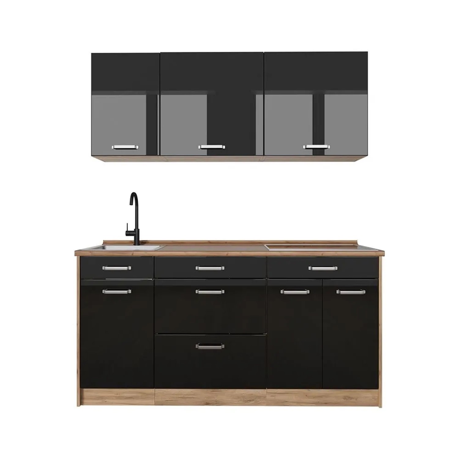 Vicco Singleküche R-Line Schwarz Hochglanz/Goldkraft Eiche 160 x 82 ohne Arbeitsplatte Art Nr 66169