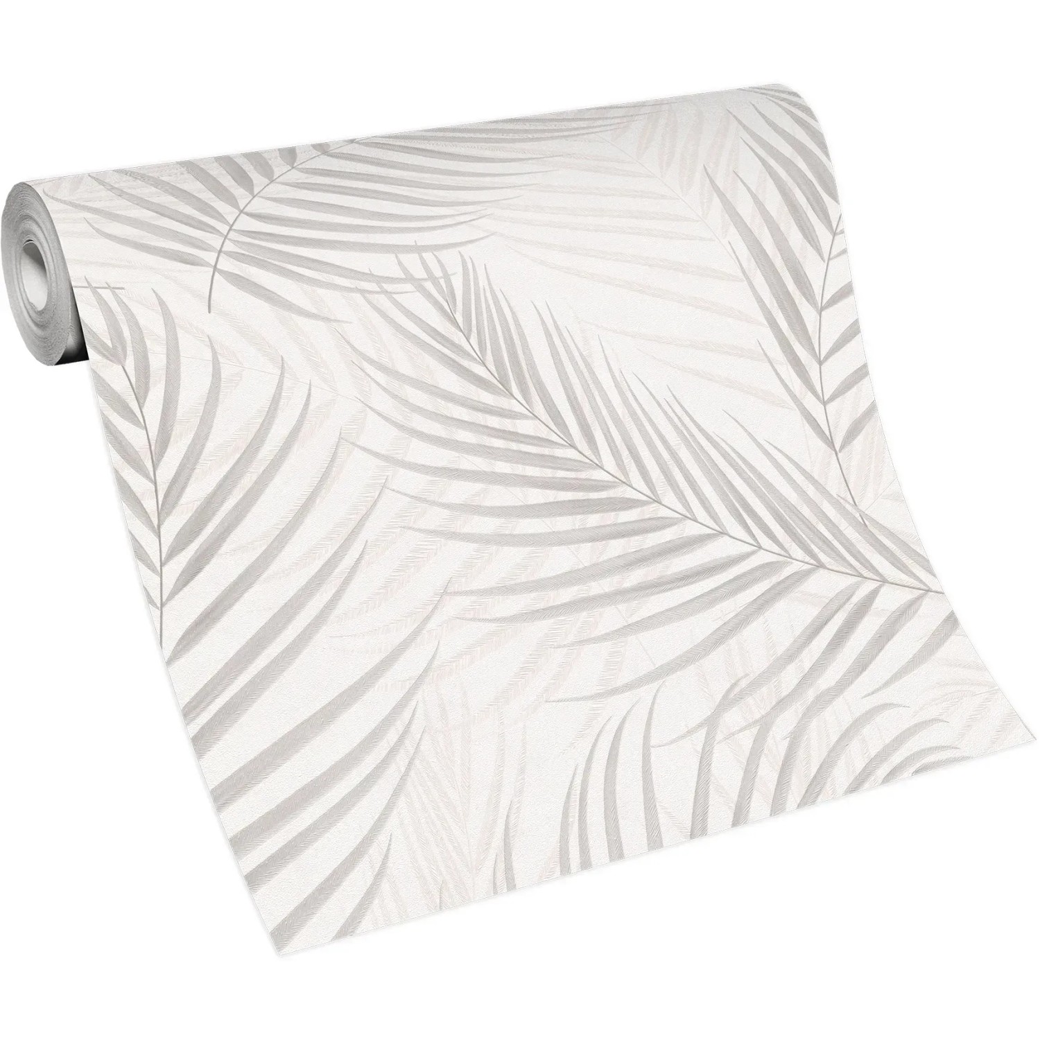 Erismann Vliestapete mit Palmblätter Design in Grau und Weiß.