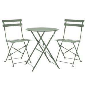 Mintgrünes Svita Berlin Bistroset aus Metall: runder Klapptisch und zwei Klappstühle für Balkon & Garten.