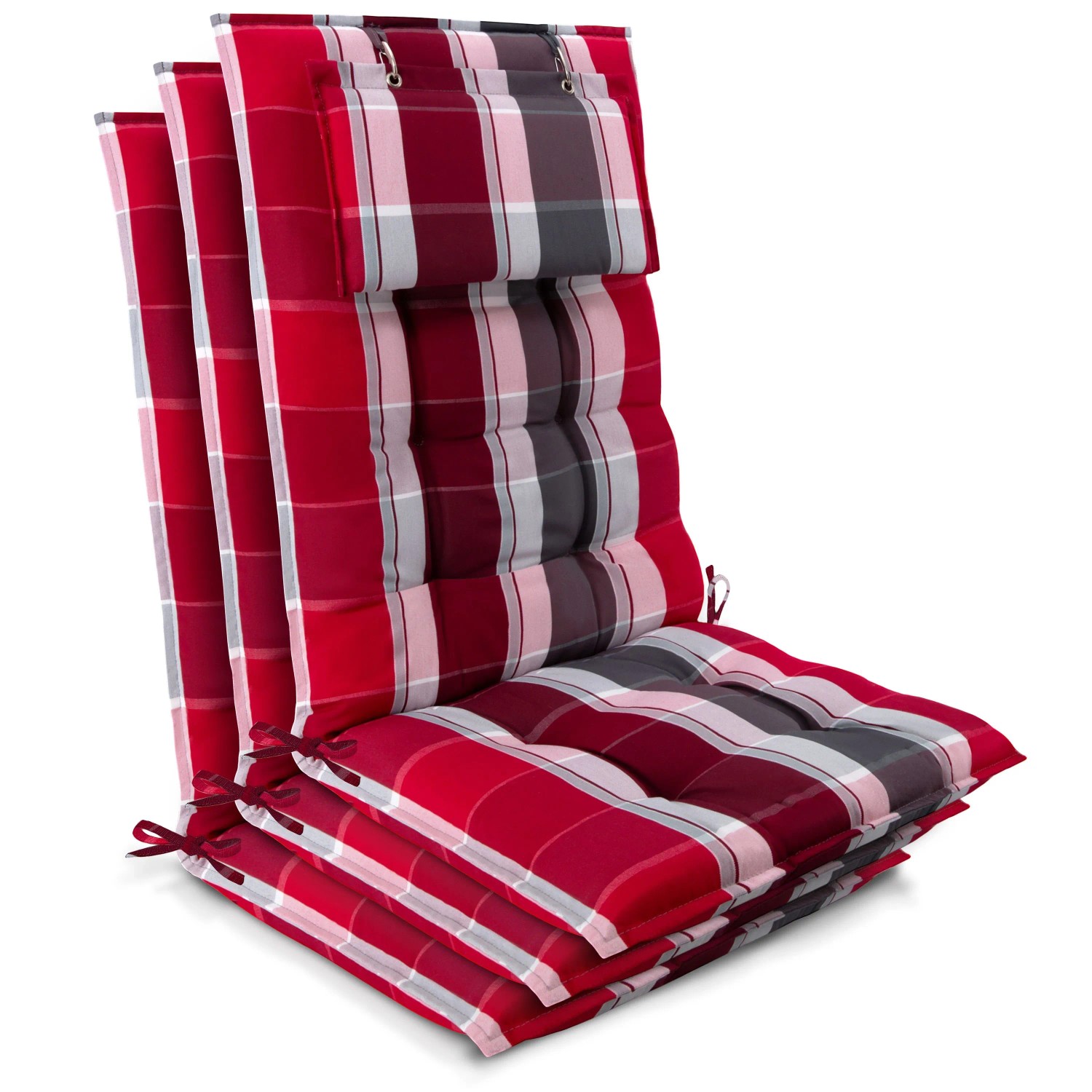 Beautissu 3er Set Sun-HL Hochlehner Auflage 120x50x8cm Rot-Gestreift