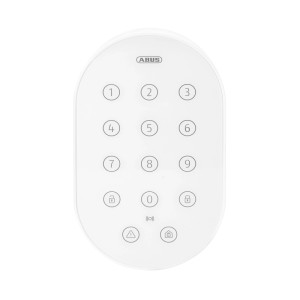 Weißes Abus Funk-Bedienteil für Smartvest Pro Alarmanlage mit Tastenfeld.