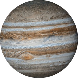 Selbstklebende, runde Tapete Jupiter in Beige und Grau, Detailaufnahme des Planeten.