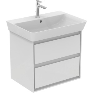 Weißer Ideal Standard Waschbeckenunterschrank Connect Air mit zwei Schubladen und Aufsatzwaschbecken.