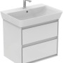 Weißer Ideal Standard Waschbeckenunterschrank Connect Air mit zwei Schubladen und Aufsatzwaschbecken.