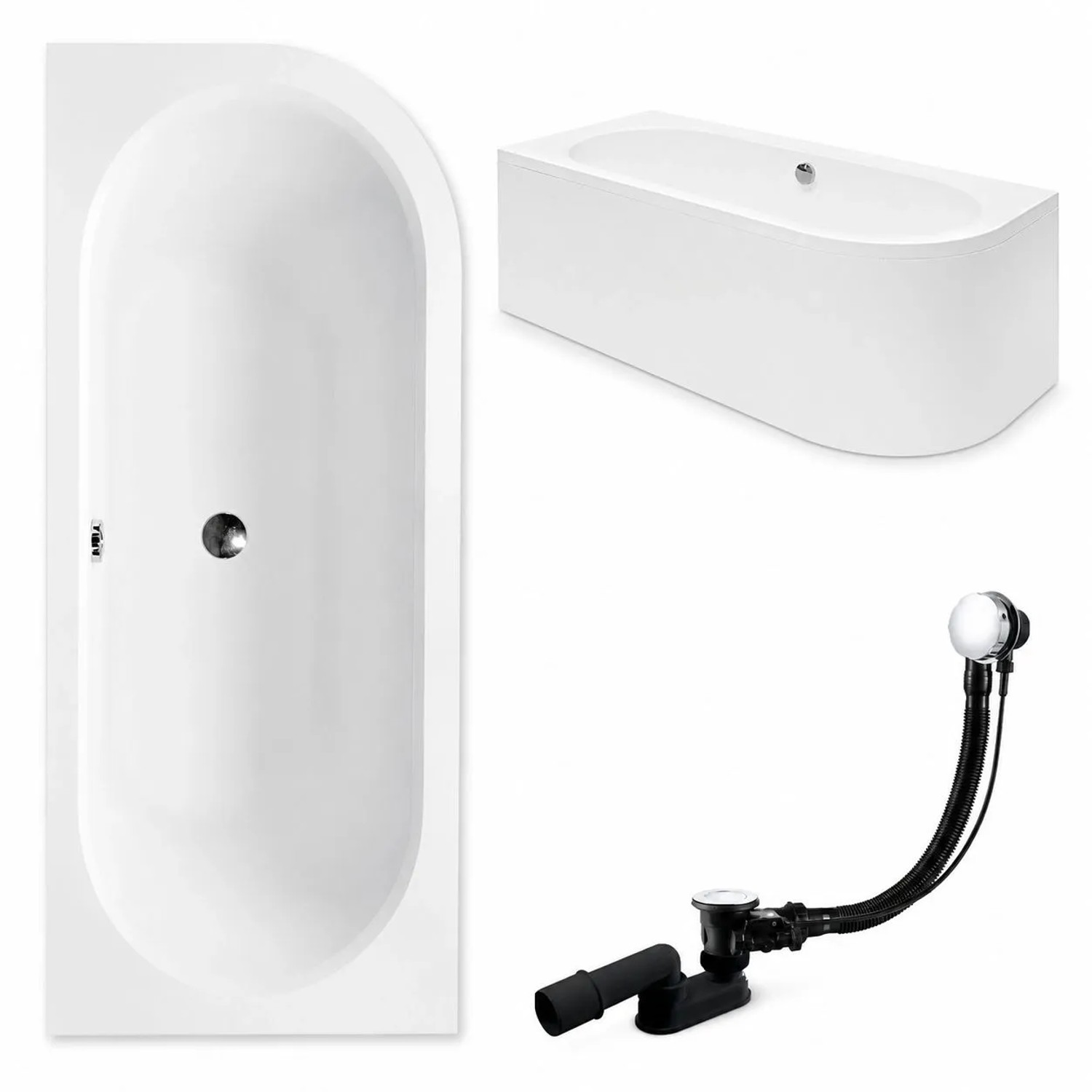 KOLMAN Badewanne Eckwanne 150 x 75 Cm Links Mit Acrylschürze Mit Bambus Badewannenablage Mit Kopfstütze KODI Inkl. Ablauf Und Füße
