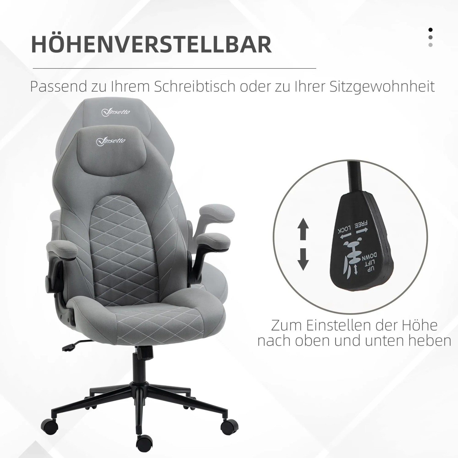 Grauer Vinsetto Bürostuhl mit Wippfunktion und verstellbaren Armlehnen.