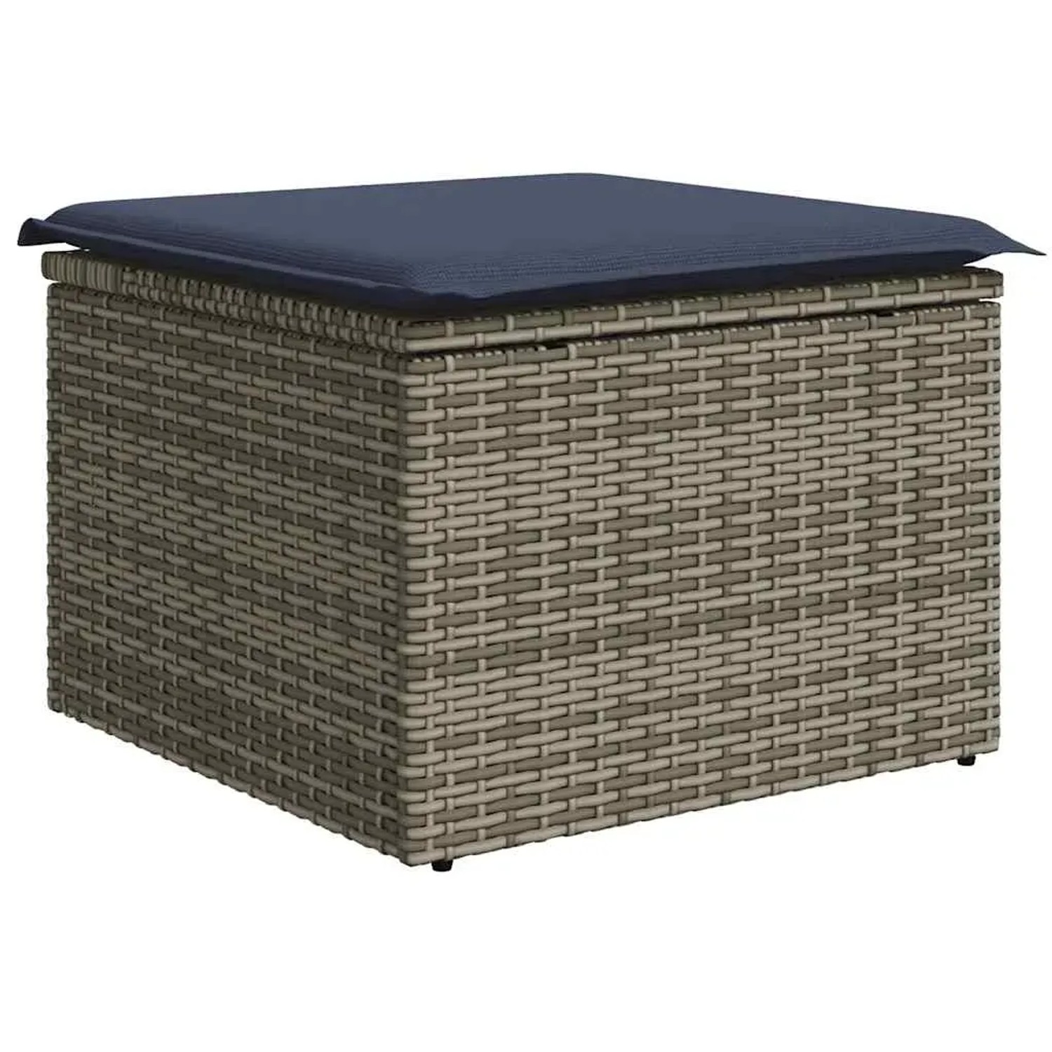 Grauer vidaXL Gartenmöbel-Fußhocker aus Rattan mit blauem Kissen, Teil einer Sofagarnitur.