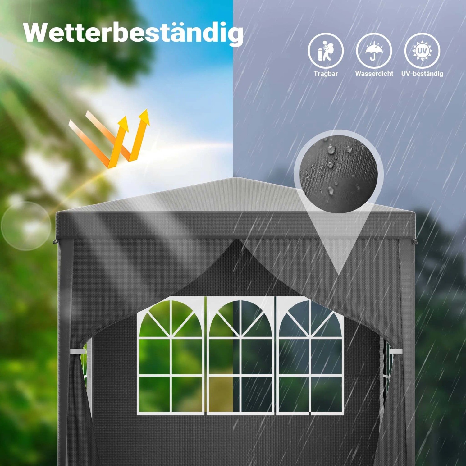 Grauer Toboli Pavillon 3x3m, wetterbeständig mit UV-Schutz 50+ und wasserdichter Plane, ideal für Garten, Party & Camping.