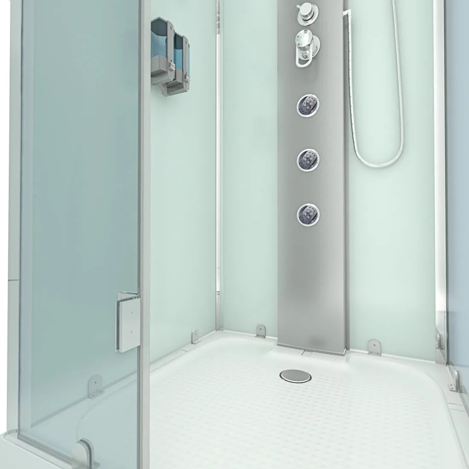 AquaVapore Komplettdusche 90x90 cm mit weißer Rückwand, Hand- und Regendusche sowie Massagedüsen.