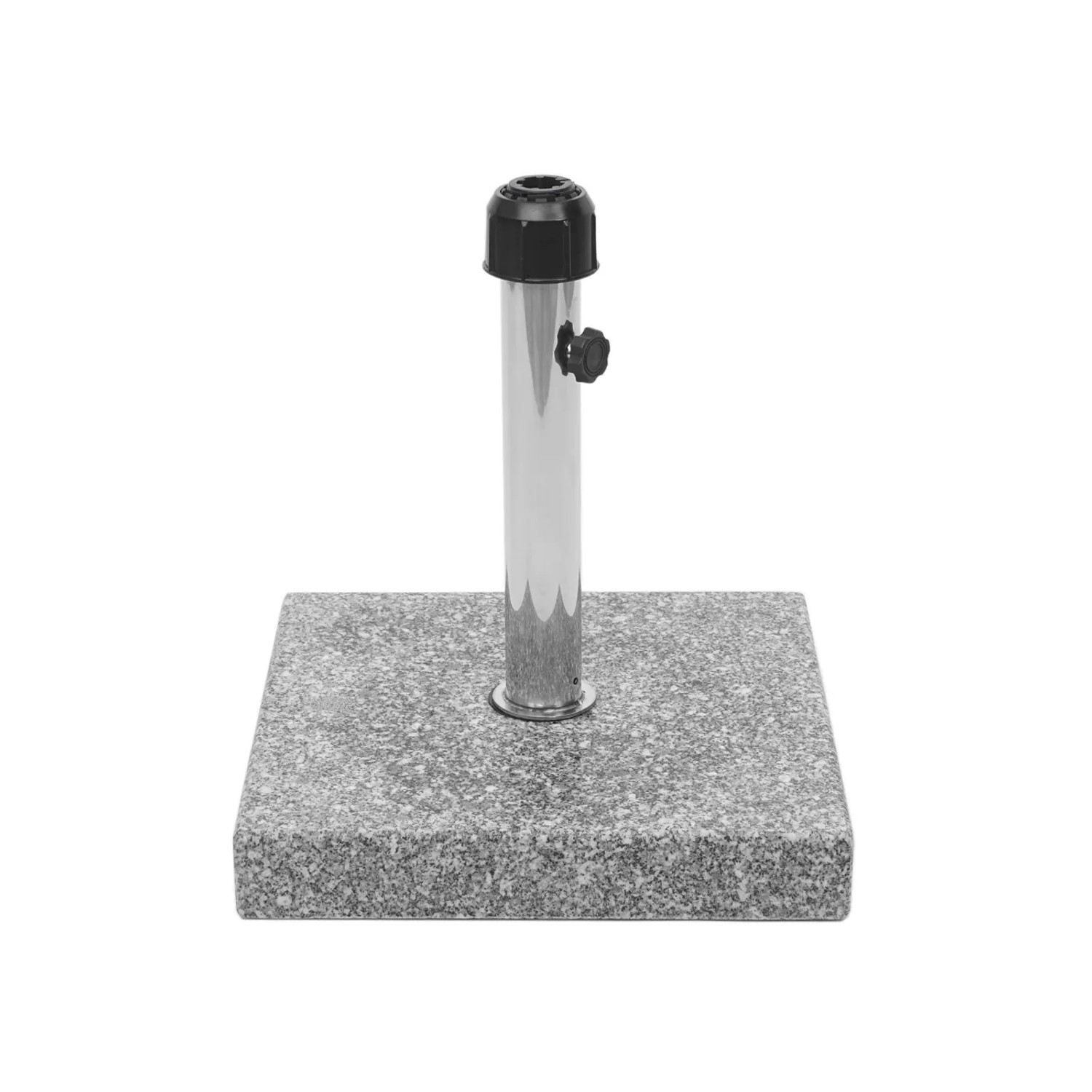 Eckiger, grauer MCW Sonnenschirmständer F92 mit polierter Granitplatte und Edelstahl-Schirmhalter.