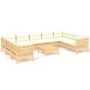 10-tlg. Garten Lounge Set aus Kiefernholz mit creme Kissen und Tisch.