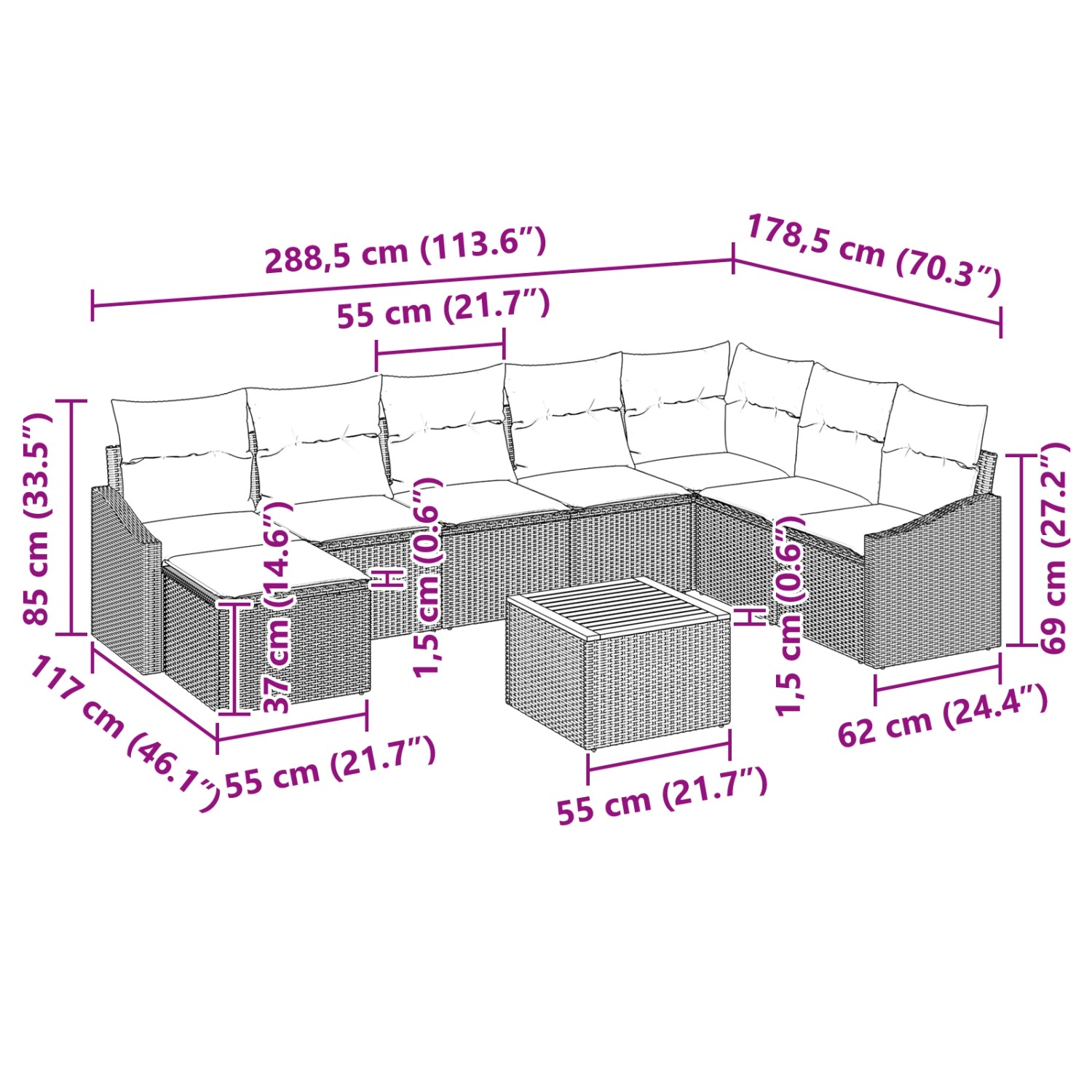 vidaXL Gartenmöbel-Set, 9-teilig, beige-weiß, mit Maßen. Ideal für Terrasse und Garten.