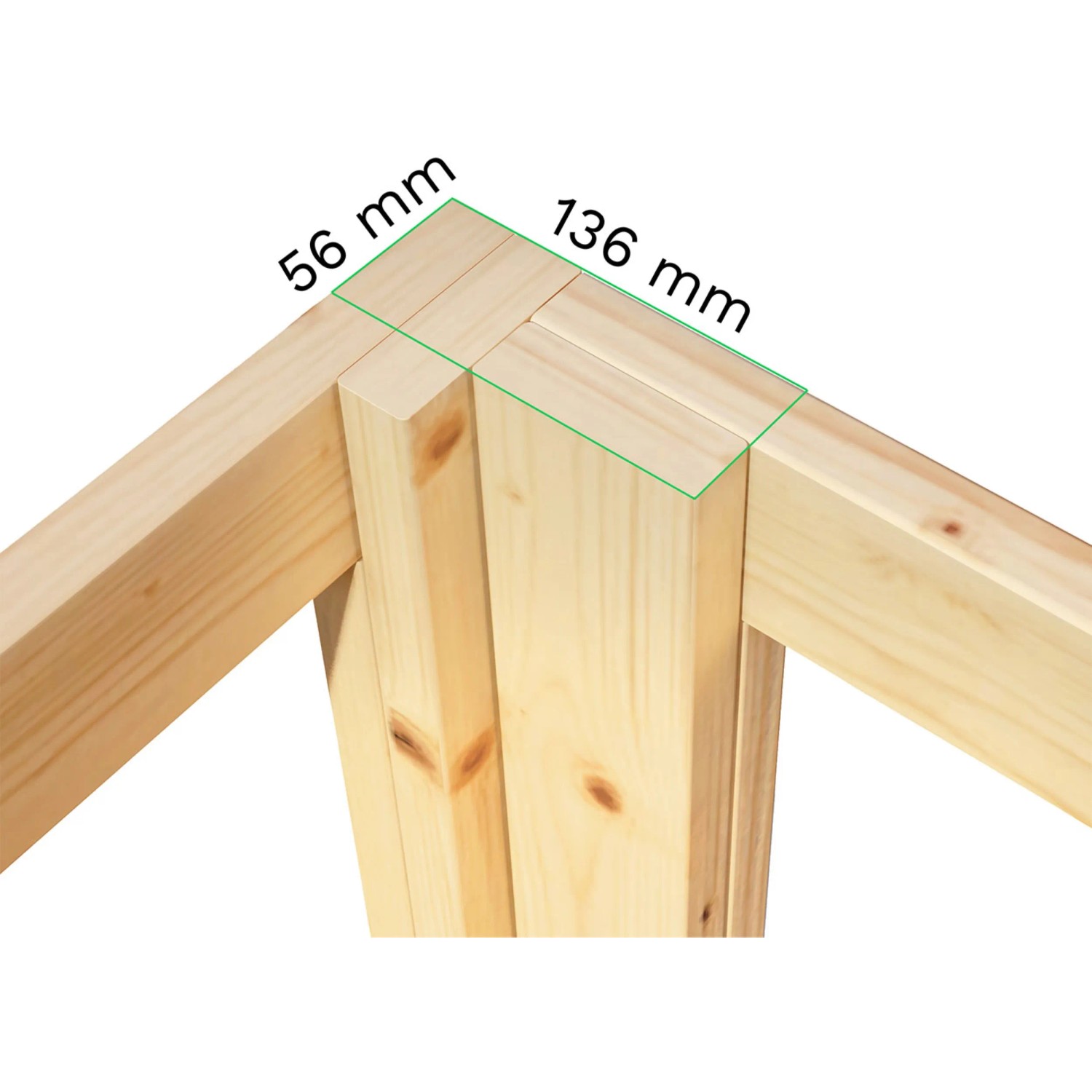 Detailansicht Ecke Bertilo Gartenhaus: Holzkonstruktion mit Maßangaben 56 mm und 136 mm.