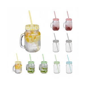 Relaxdays Trinkgläser 10er Set Glas Transparent mit Deckel und Strohhalm 13,5 cm x 11 cm x 8 cm