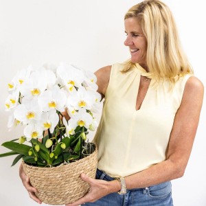 Kolibri Orchideen Set mit drei weißen Orchideen im Schilfkorb mit Wassertank.