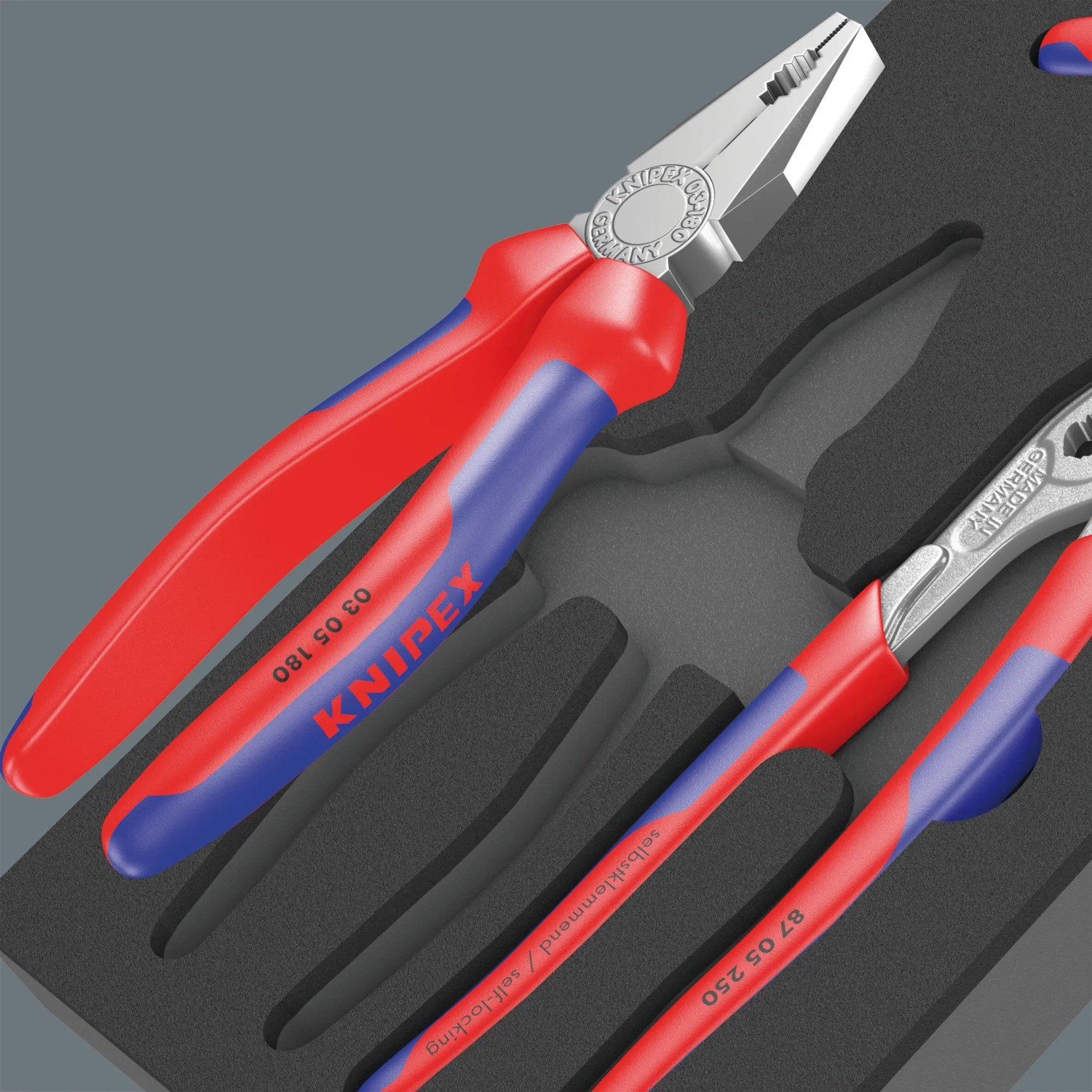 Wera Schaumstoffeinlage mit Knipex Zangen-Set (3-teilig) für Werkstattwagen, Zangen rot/blau.