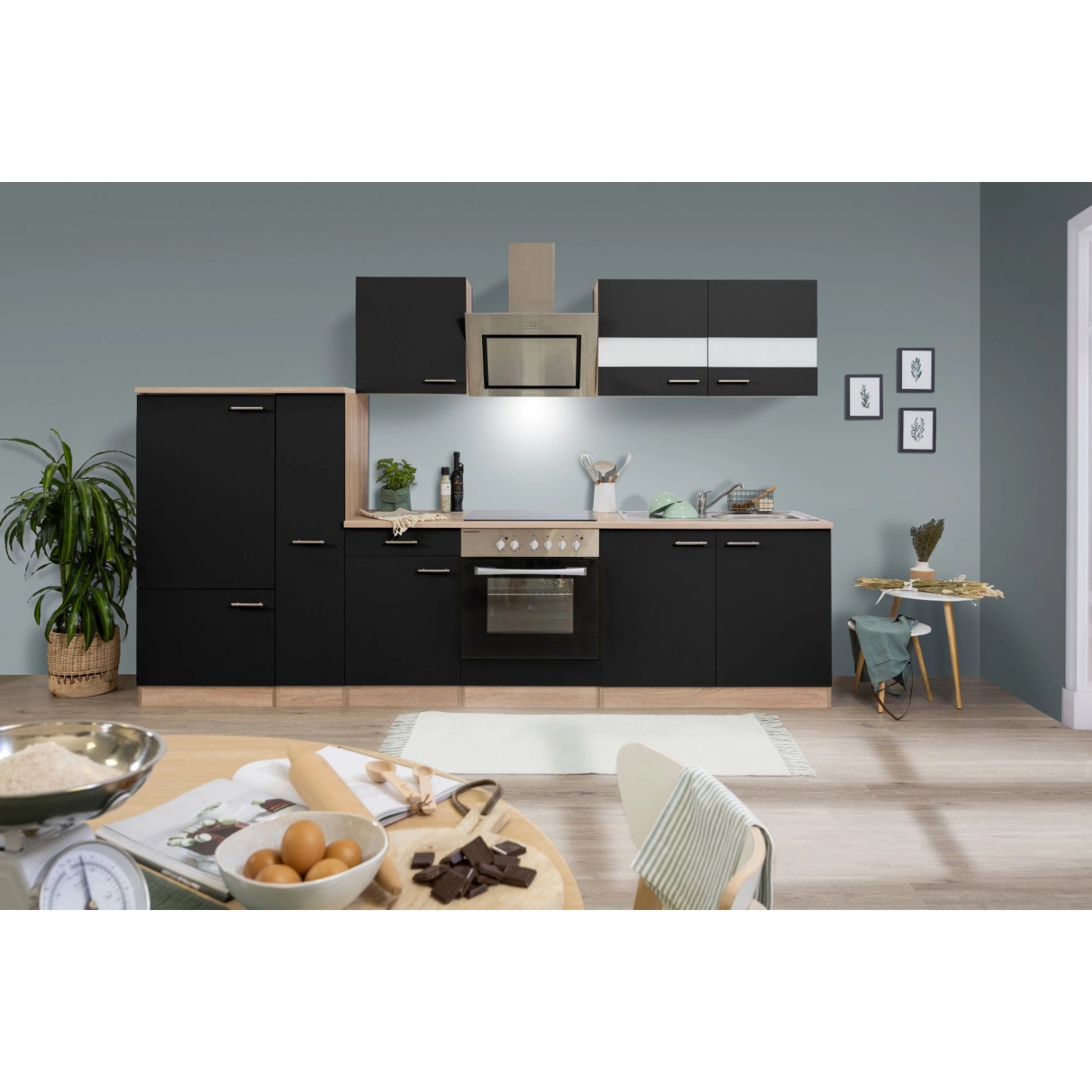 Respekta Economy Küchenzeile/Küchenblock KB300ESSSC 300 cm Schwarz-Eiche Sägerau
