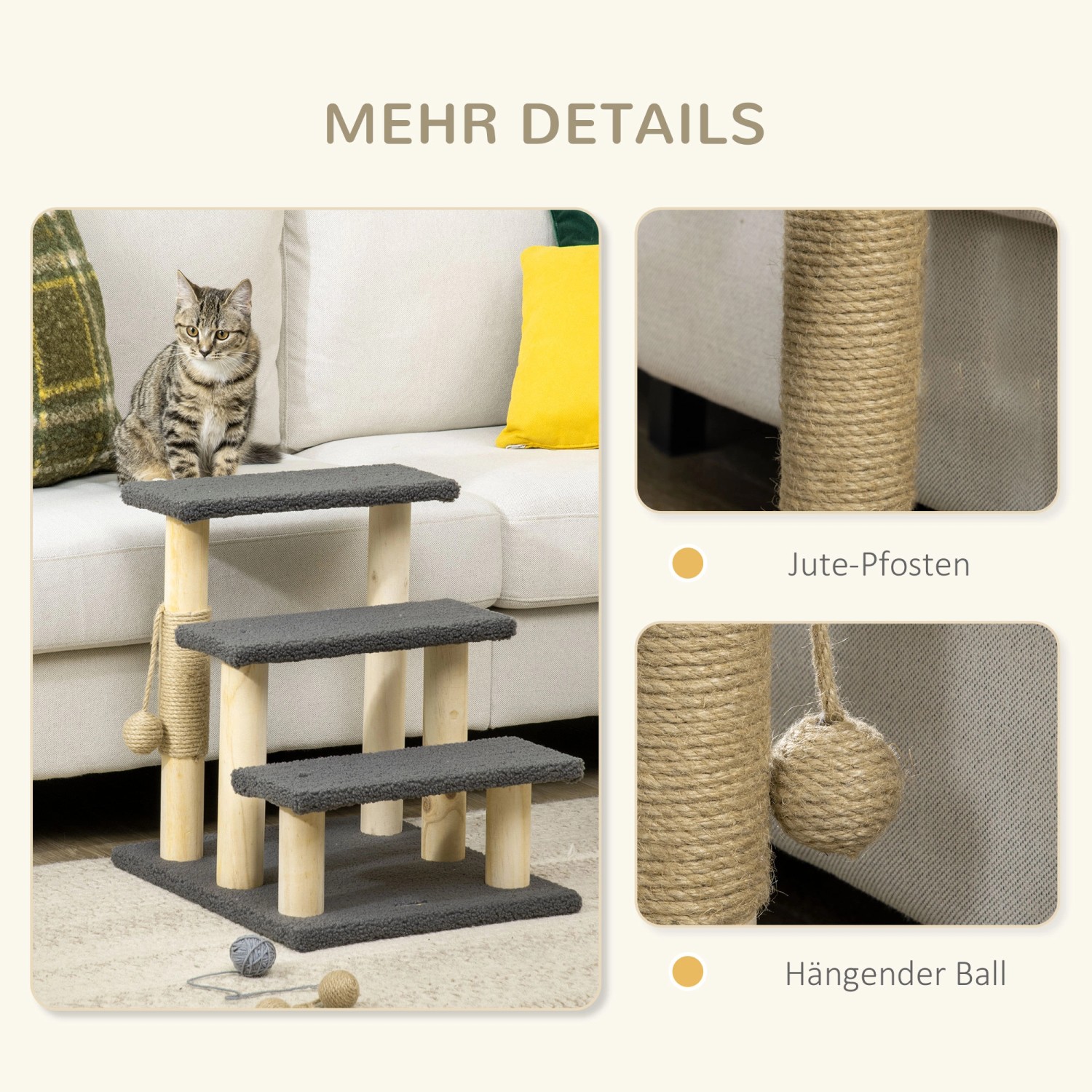 PawHut Katzentreppe mit 3 Stufen, Sisalsäule und Spielball. Kratzbaum für Katzen.