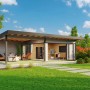 Modernes, lichtgraues Lasita Maja Ferienhaus Domeo 10 mit Anbau im Garten.