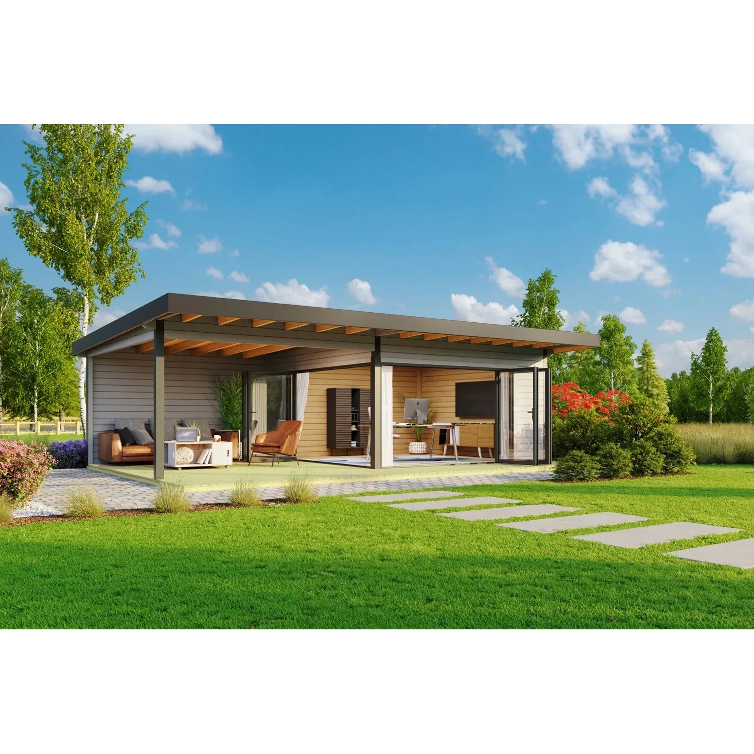 Modernes, lichtgraues Lasita Maja Ferienhaus Domeo 10 mit Anbau im Garten.