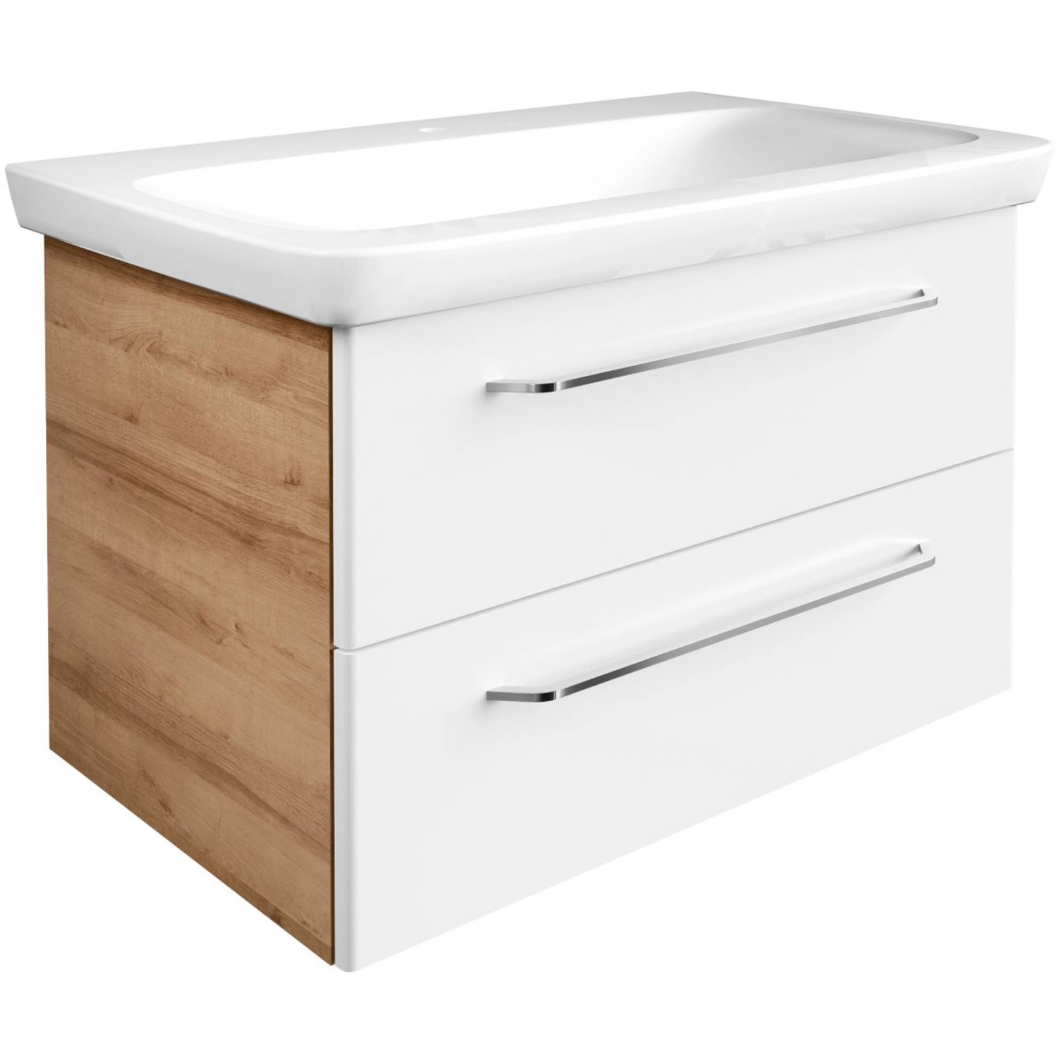 Fackelmann Waschbeckenunterschrank Milano Asteiche, 80 cm breit, mit zwei Schubladen und weißen Fronten.