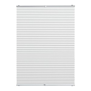 Weißes Plissee VacufixThermo mit horizontalen Falten und Alu-Bedienschienen. Werkzeuglose Montage für Fenster, Verdunklung & Hitzeschutz.