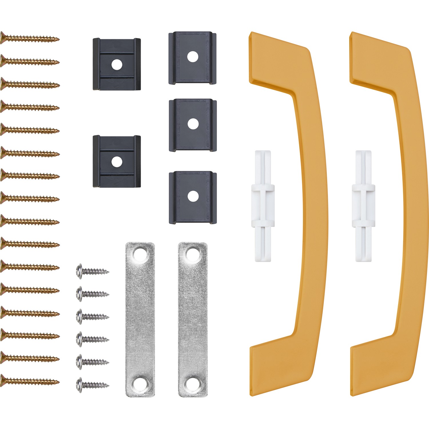 Zubehör für Falttür Buche: Griffe, Schrauben, Schienen und Verbinder für die Montage.