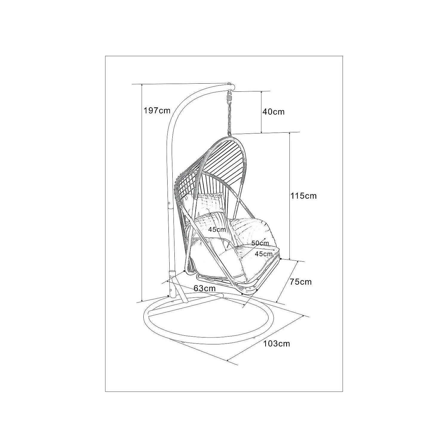 Technische Zeichnung des Vente-unique Hängesessels Lutus mit Standfuß, hellen Naturfarben, weißen Kissen und Maßen.