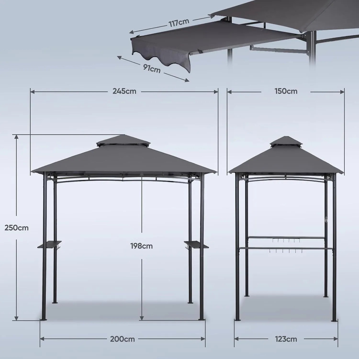 Grauer Sekey Grillpavillon 356x150 cm mit Markise, Ablagen und robustem Stahlgestell. Ideal als Sonnenschutz.