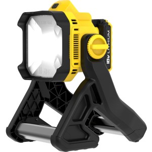 Stanley FatMax Akku-Baustrahler FMCL001B, gelb/schwarz, mit Standfuß. Ideal für Baustelle und Werkstatt.