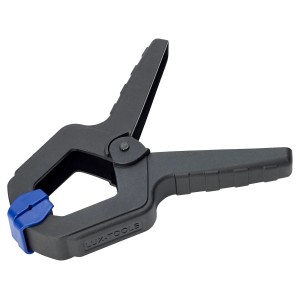 Schwarze LUX Leimklemme 150 mm Classic aus Kunststoff mit blauer Spitze. Spannwerkzeug für Holz.