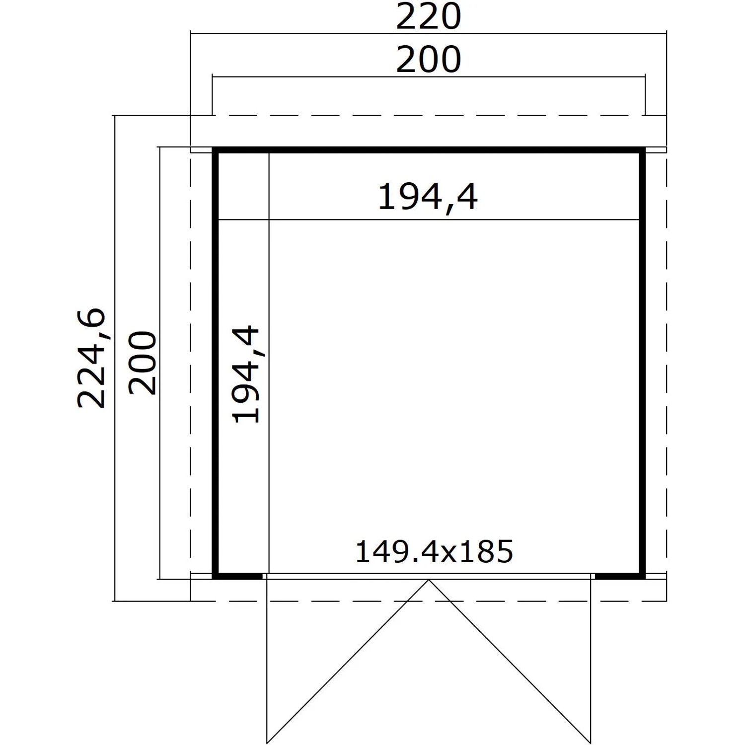 Grundriss Lasita Holz-Gartenhaus Zambezi 1, Carbongrau, mit Maßen. Ideal für die Planung Ihres Gartenhauses.