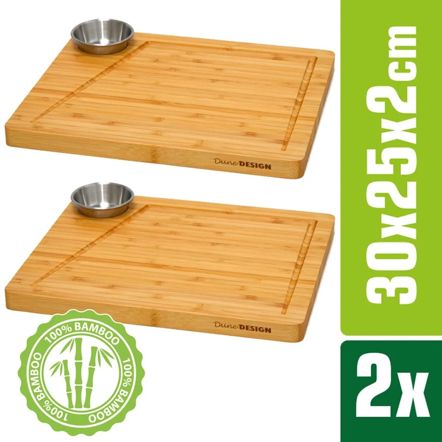 DuneDesign Schneidebrett aus Bambus 2er Set 30 x 25 x 2 cm mit Saftrille