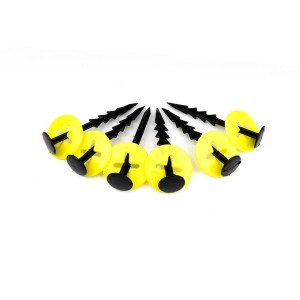 6 Erdbeerprofi Erdnägel mit Scheiben, Bodenanker für Gartenvlies, schwarz/gelb.