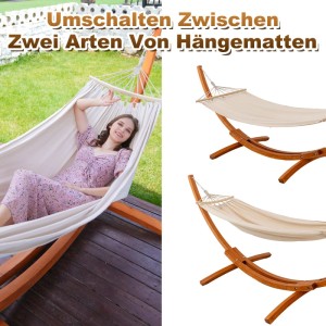 Beige HOMAVO Hängematte mit Holzgestell, zwei Liegeflächen und Frau in Hängematte.