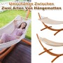 Beige HOMAVO Hängematte mit Holzgestell, zwei Liegeflächen und Frau in Hängematte.