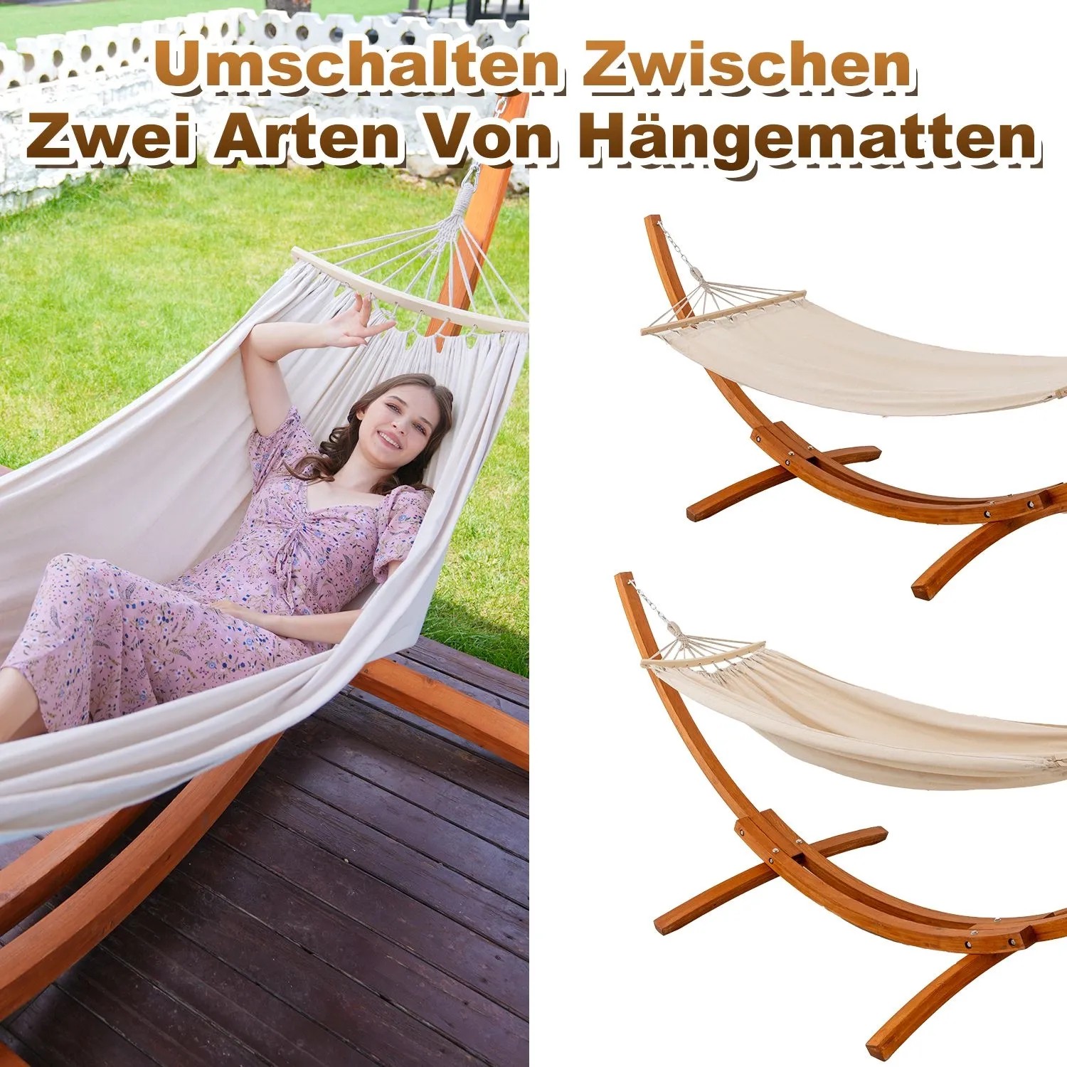 Beige HOMAVO Hängematte mit Holzgestell, zwei Liegeflächen und Frau in Hängematte.