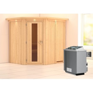 Karibu Sauna Swenna mit Ofen, Dachkranz und Energiespartür aus nordischer Fichte.