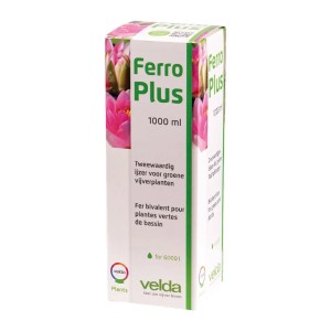 Velda Ferro Plus 1000 ml Teichpflege, weiße Kartonverpackung mit rosa Blütenmotiv für Teichpflanzen.
